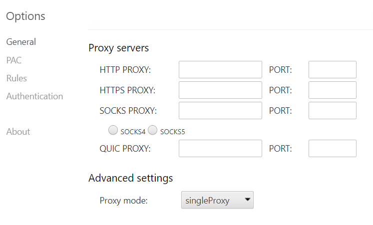 Proxy Helper inteface and settings